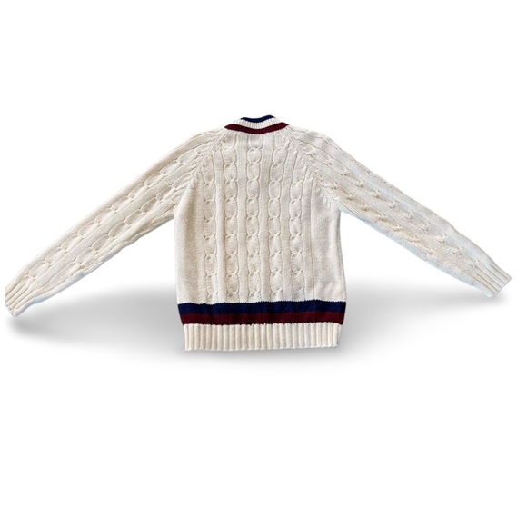 Vintage 90s Preppy Tennis Hand Knit V Neck Cable Sweater Cream Blue and Red - Picture 5 of 7
